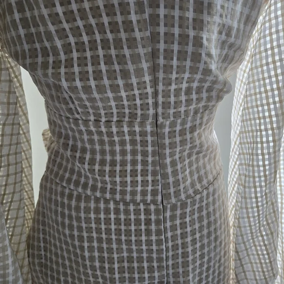 MISSGUIDED Size 6 Tall White&Cream Plaid V-Neck Dress, Wide Belt Straw Accent - Picture 7 of 12